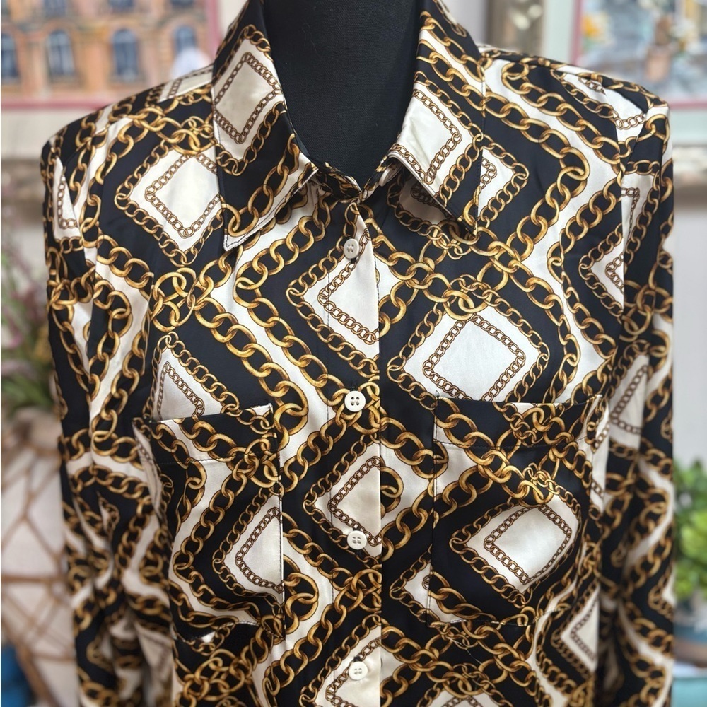 Black and Gold Geometric Tunic/Shirt Dress Long Sleeve Fall Office Wear SZ LG